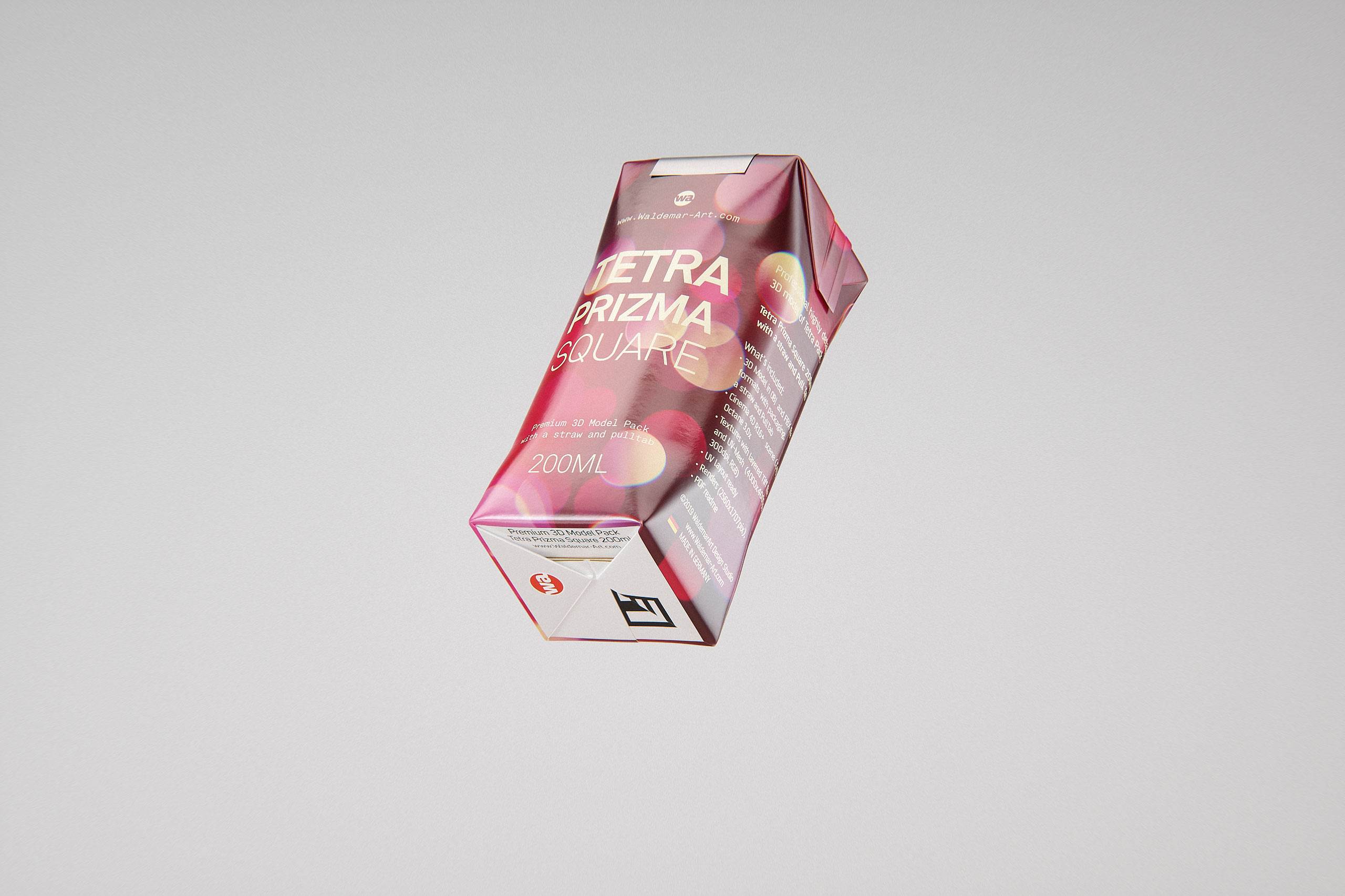 Tetra Pack Prisma Square 200ml packaging 3D model pak with PullTab and Straw