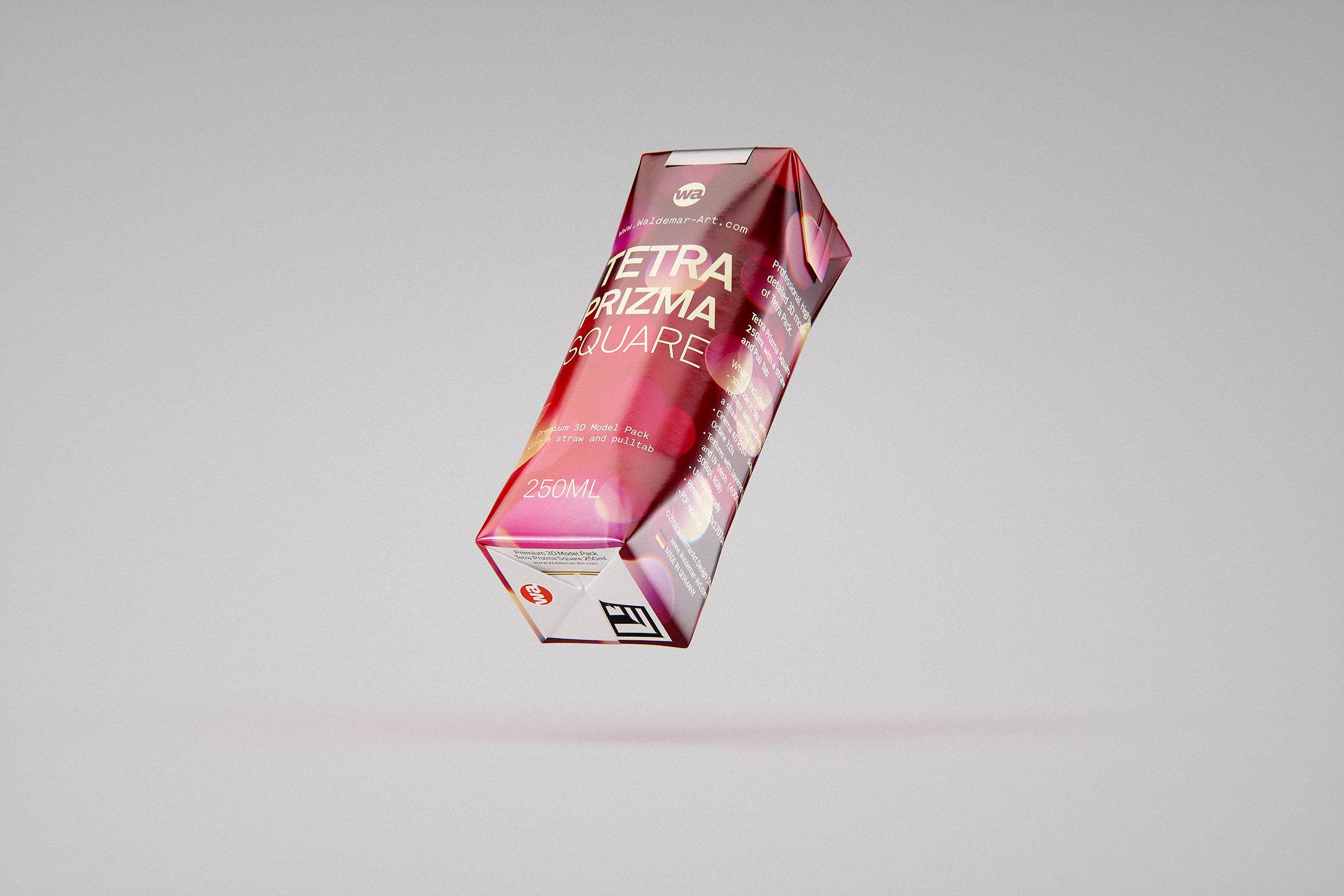 Packaging 3D model pak of Tetra Pack Prisma Square 250ml with PullTab and Straw