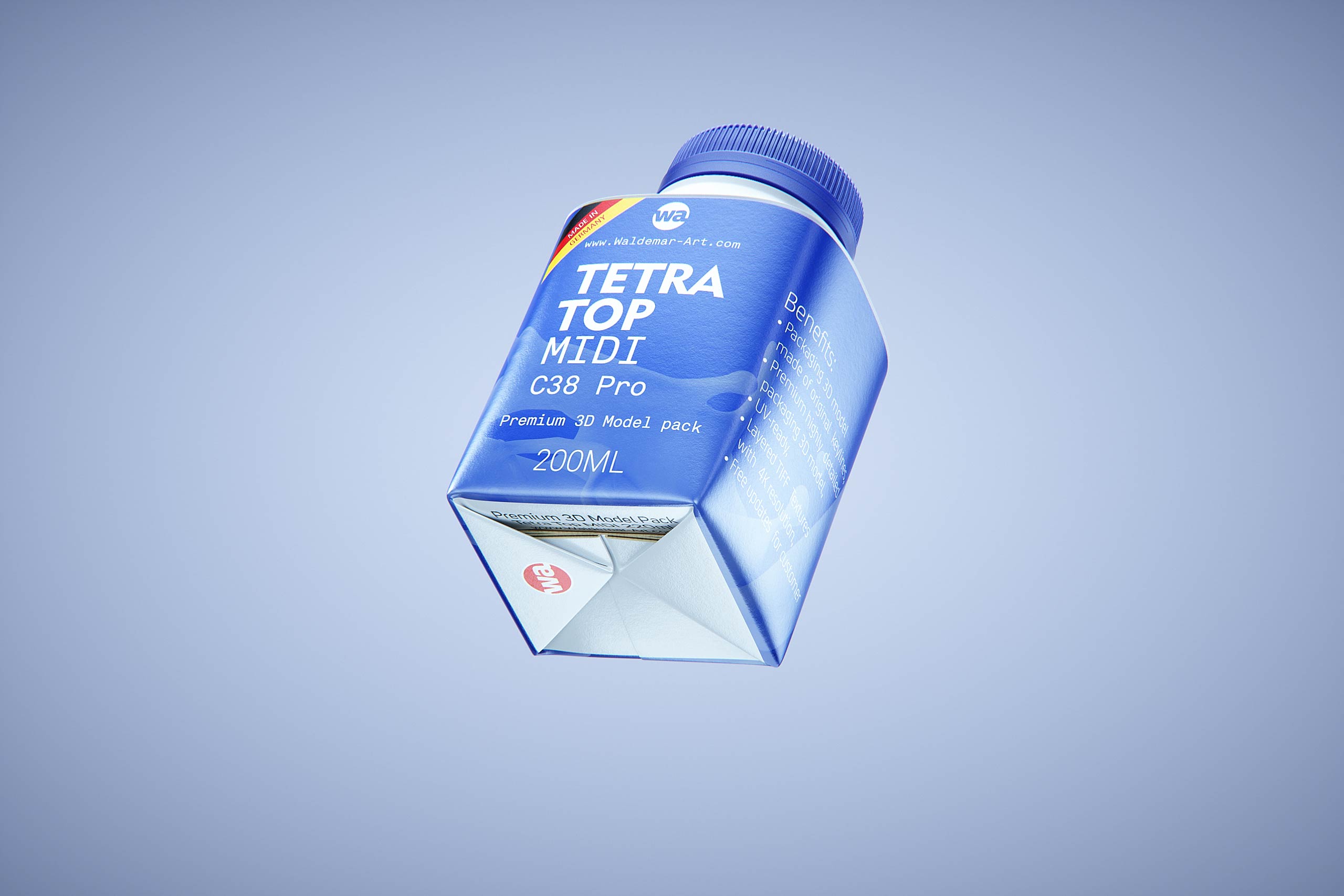 Premium Carton Packaging 3D model of Tetra Top MIDI 200ml with tethered cap C38 Pro
