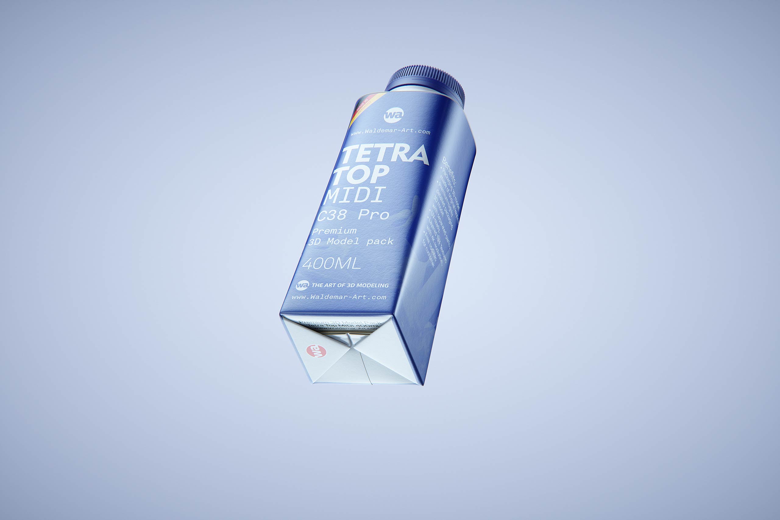 Packaging 3D model of Tetra Top Midi 400ml with tethered cap C38 Pro - front-bottom view