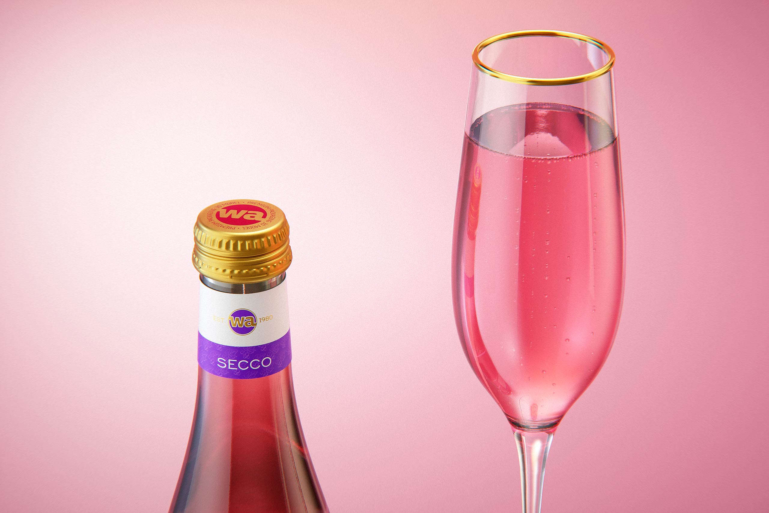 Fruit Secco glass bottle packaging 3D model 200ml with a screw cap and a glass of fruit wine