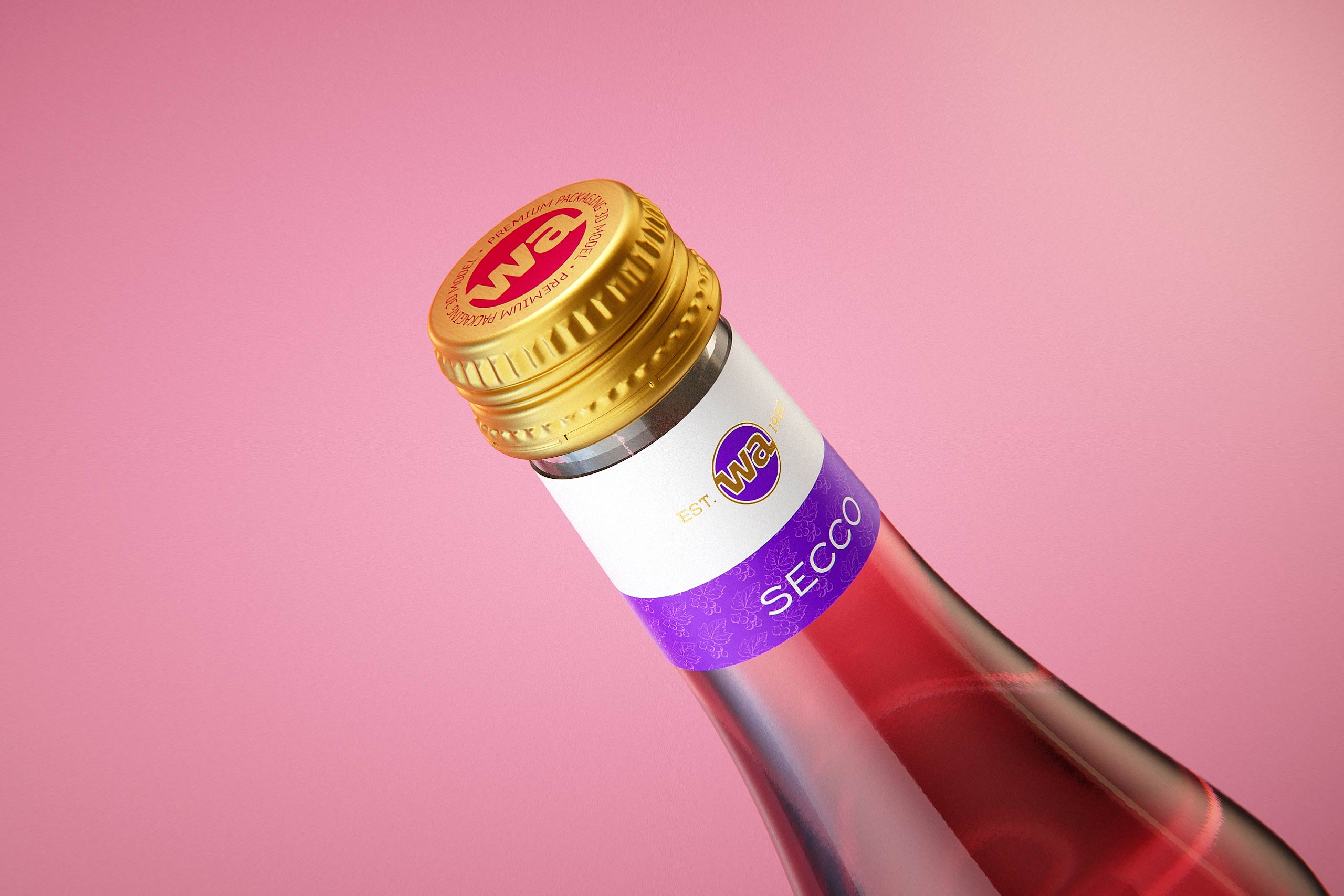Fruit Secco glass bottle packaging 3D model 200ml with a screw cap and a glass of fruit wine