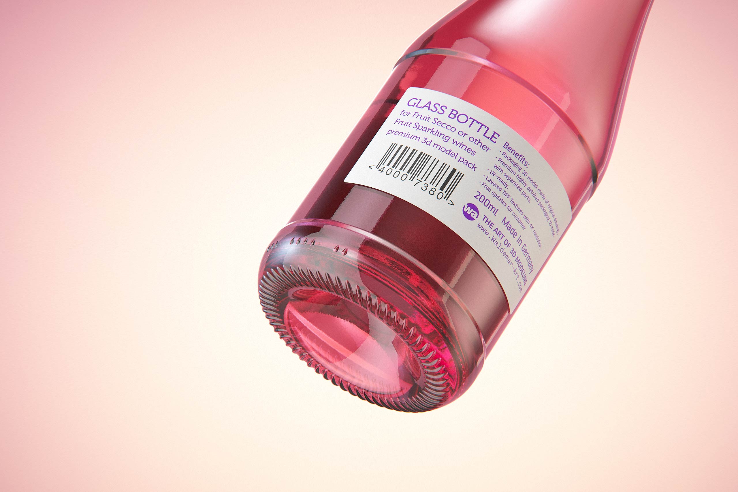 Fruit Secco glass bottle packaging 3D model 200ml with a screw cap and a glass of fruit wine