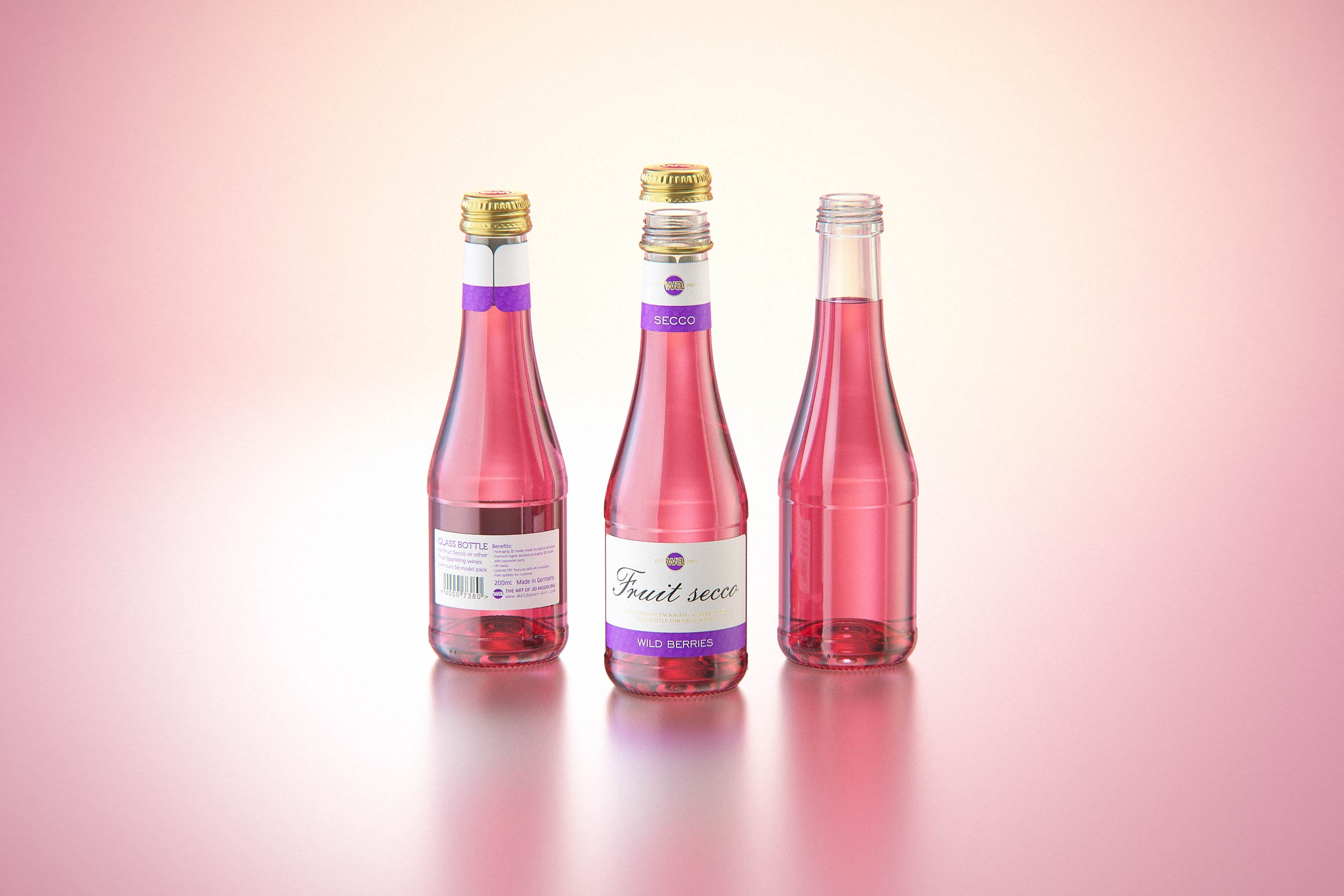 Fruit Secco glass bottle packaging 3D model 200ml with a screw cap and a glass of fruit wine