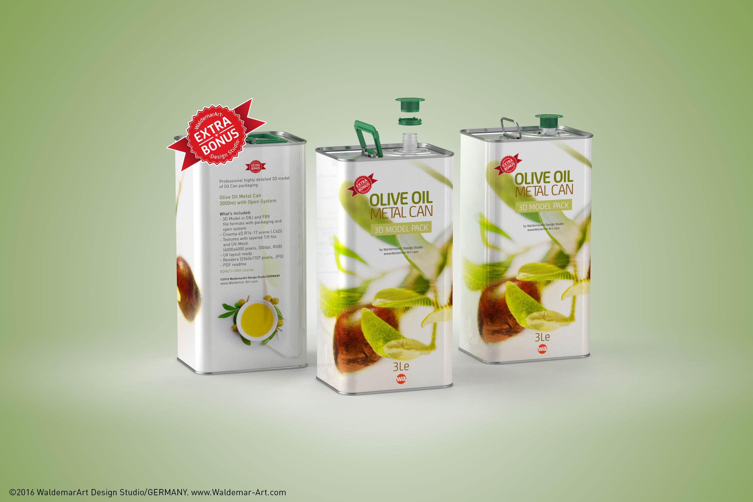 Olive Oil Tin Metal Can 3le 3D model with handle + bonus