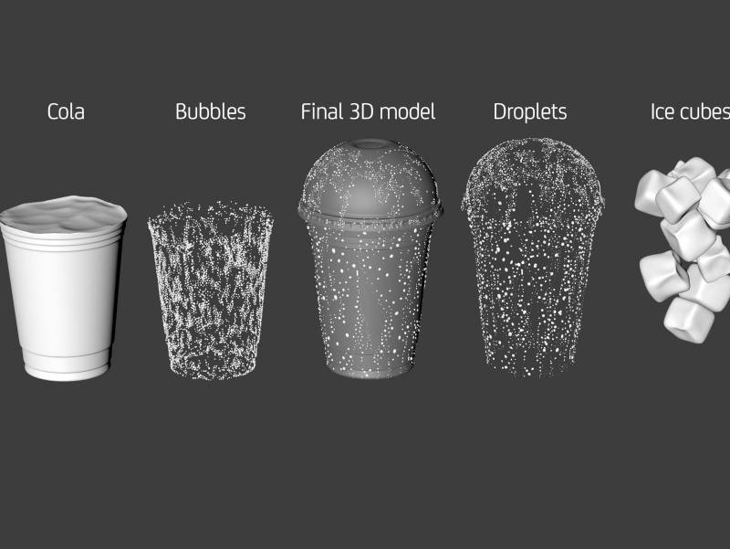 Premium 3D Model of a Cola Plastic Cup 16oz with DOME lid, Filled with Ice Cubes, Covered in Water Condensation, and Containing Bubbles in the Liquid