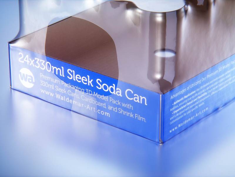 Packaging 3D model of 24x330ml Sleek Soda Cans packed in cardboard and wrapped in shrink film