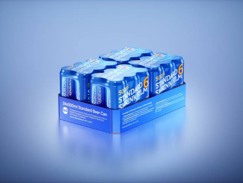 Premium Multi-pack Packaging 3D model with 4 Sets of 6x500ml Standard Cans Each, Wrapped in Shrink Film and Packed in Cardboard