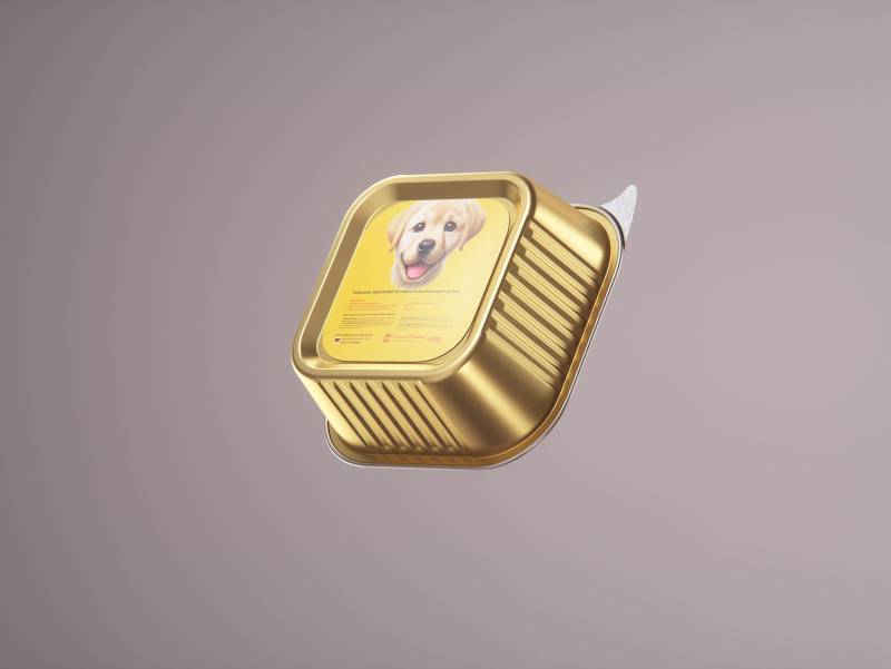 Premium packaging 3D model of a 300g aluminum tray of pet food