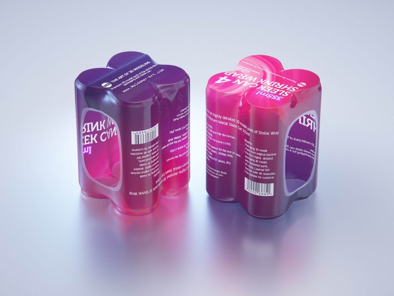 Premium packaging 3D Model of 4x350ml/355ml Sleek Soda Cans in Shrink Film Wrap