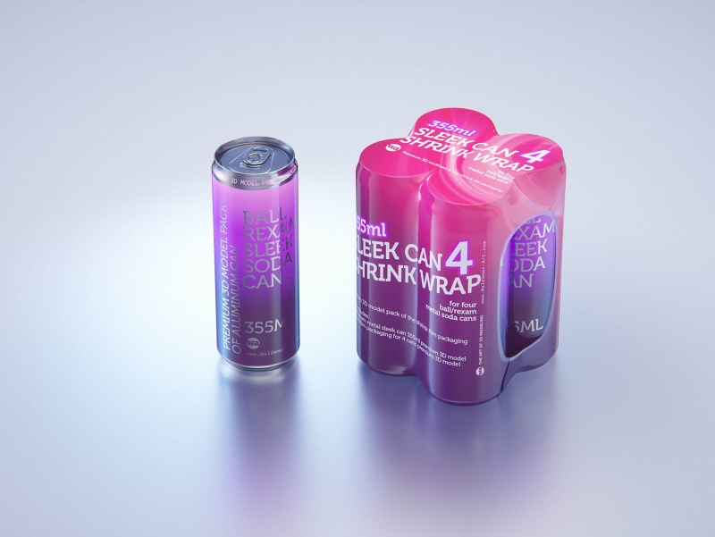 Premium packaging 3D Model of 4x350ml/355ml Sleek Soda Cans in Shrink Film Wrap