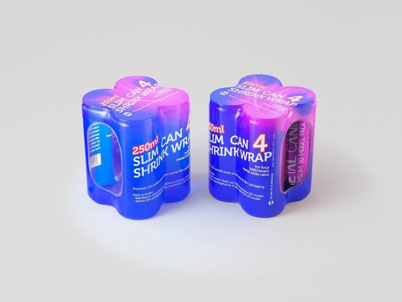4 Shrink Wrap packaging for 250ml Slim Soda Can premium packaging 3D model