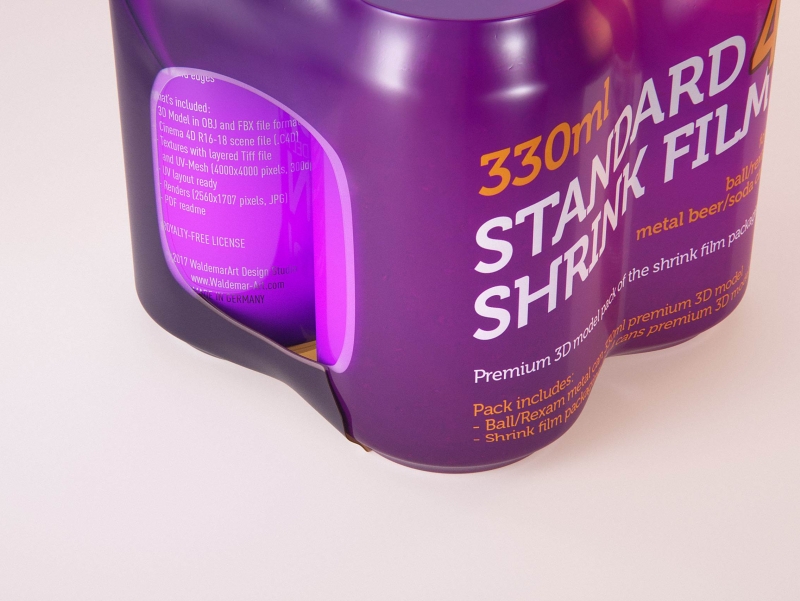 Premium packaging 3D Model of 4x330ml Standard Beer/Soda Cans in Smooth Shrink Film Wrap