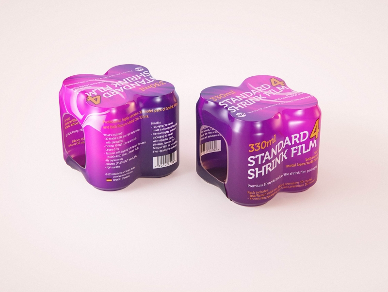 Premium packaging 3D Model of 4x330ml Standard Beer/Soda Cans in Smooth Shrink Film Wrap
