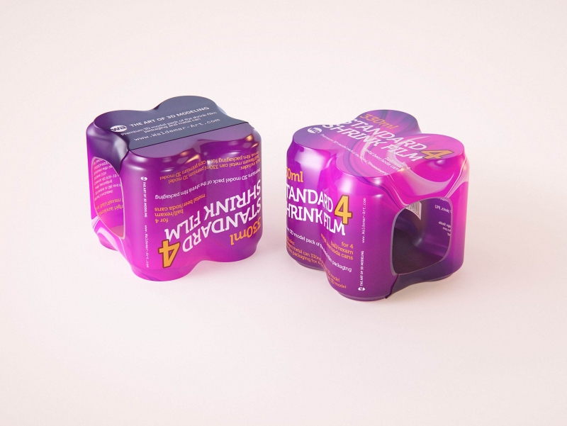 4 (four) Shrink Film pack with Standard Soda Can 330ml (WITHOUT WRINKLES) professional packaging 3D model pack