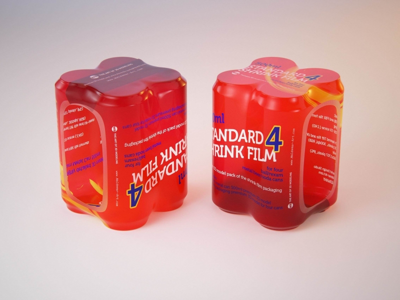 Premium packaging 3D Model of 4x500ml Standard Beer/Soda Cans in Smooth Shrink Film Wrap