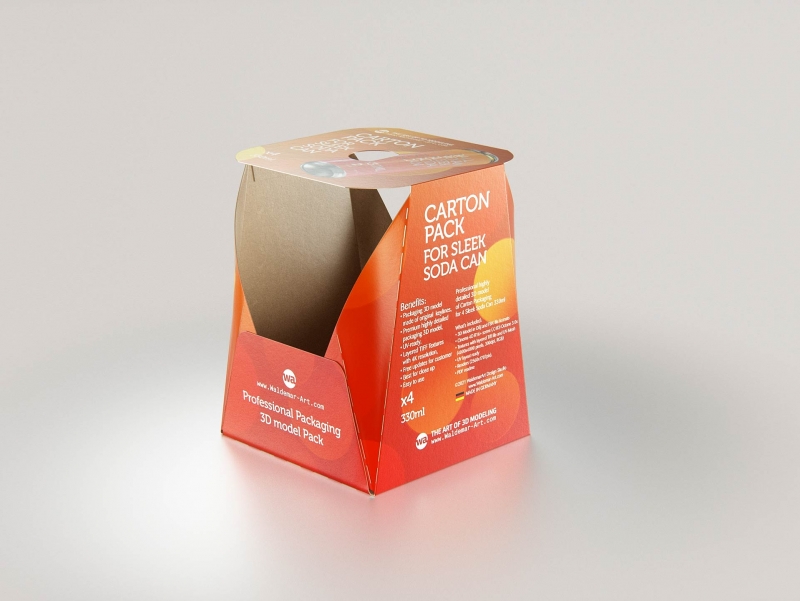 Carton pack for x4 (four) Sleek Soda can 330ml packaging 3d model