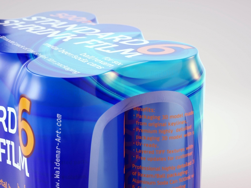 Premium packaging 3D Model of 6x500ml Standard Beer/Soda Cans in Shrink Film Wrap