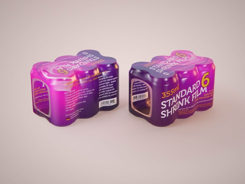 6 (six) Shrink Film pack with Soda Can 350-355ml (WITHOUT WRINKLES) professional 3d packaging model pack