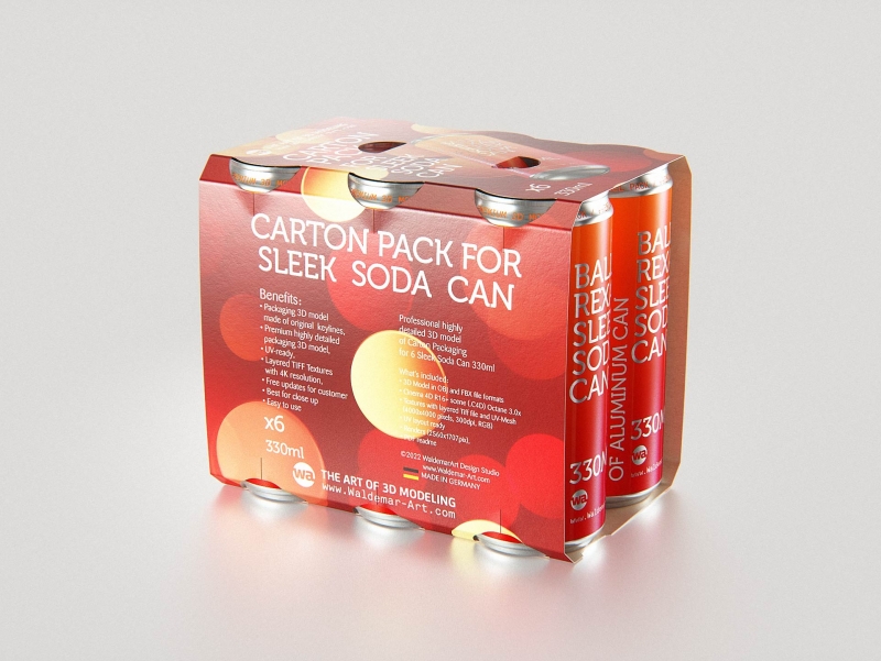 Carton pack for x6 (six) Sleek Soda can 330ml packaging 3d model