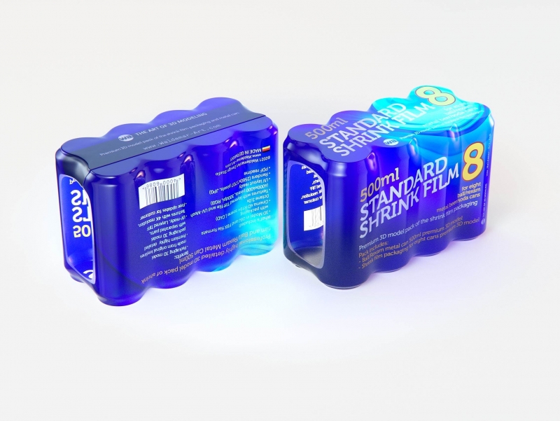Premium packaging 3D Model of 8x500ml Standard Beer/Soda Cans in Shrink Film Wrap