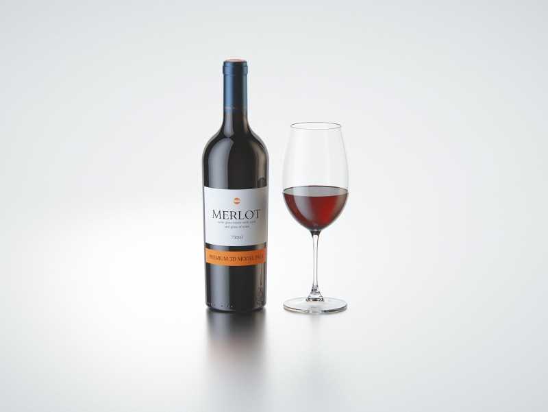 3D model of the Merlot Wine Standard Bottle 750ml with cork and glass of wine
