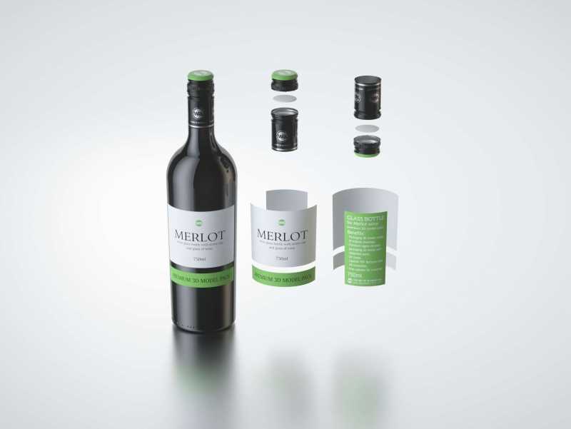 Også Nyttig tigger 3D model of the Merlot Wine Standard Bottle 750ml with screw cap and glass  of wine / WA Design Studio
