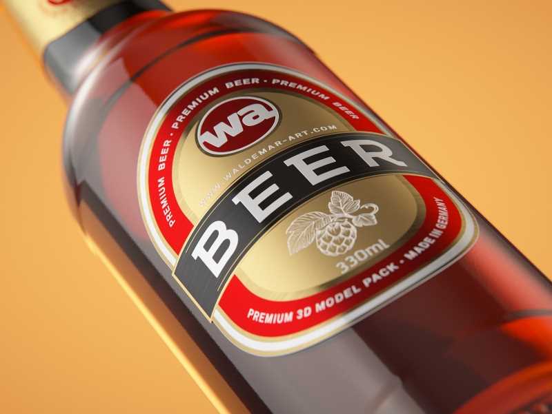 Packaging 3D model of a Beer Brown Glass Bottle 330ml with Crown cork, label and foil