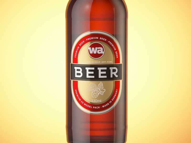 Packaging 3D model of a Beer Brown Glass Bottle 330ml with Crown cork, label and foil