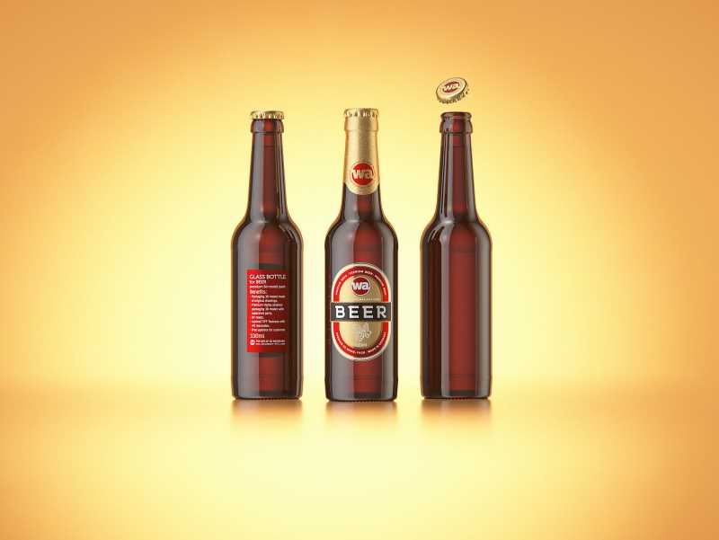 Packaging 3D model of a Beer Brown Glass Bottle 330ml with Crown cork, label and foil