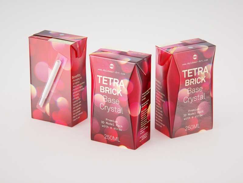 Tetra Pack Brick Base Crystal 250ml Premium packaging 3d model with a straw