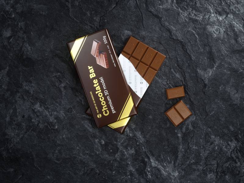 Chocolate Bar 100g wrapped in Foil and Paper 100G, 3D model partially unwrapped with visible chocolate pieces, realistic product
