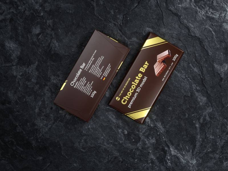 Chocolate Bar 100g wrapped in Foil and Paper 100G, 3D model packaging front and back view, premium paper wrapper design