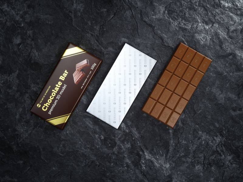 Chocolate Bar 100g wrapped in Foil and Paper 100G, exploded view 3D model showing wrapper, foil and chocolate bar components