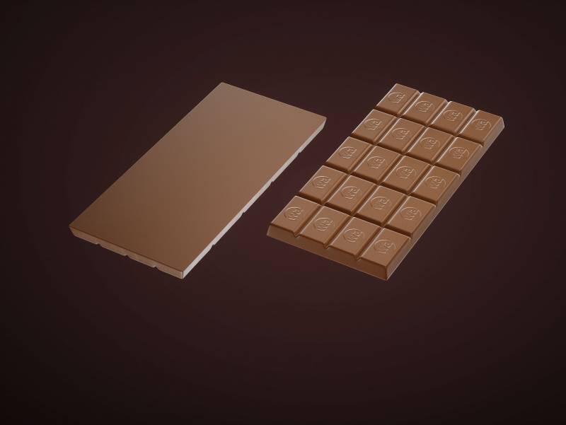 Chocolate Bar 100g wrapped in Foil and Paper 100G, chocolate pieces 3D model with realistic broken chunks