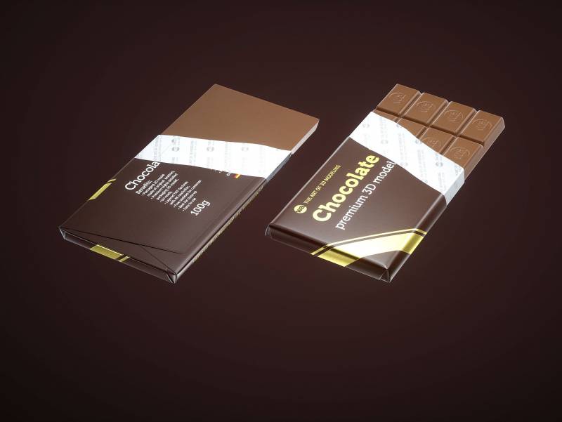 Chocolate Bar 100g wrapped in Foil and Paper 100G, partially unwrapped 3D model showing packaging and chocolate inside