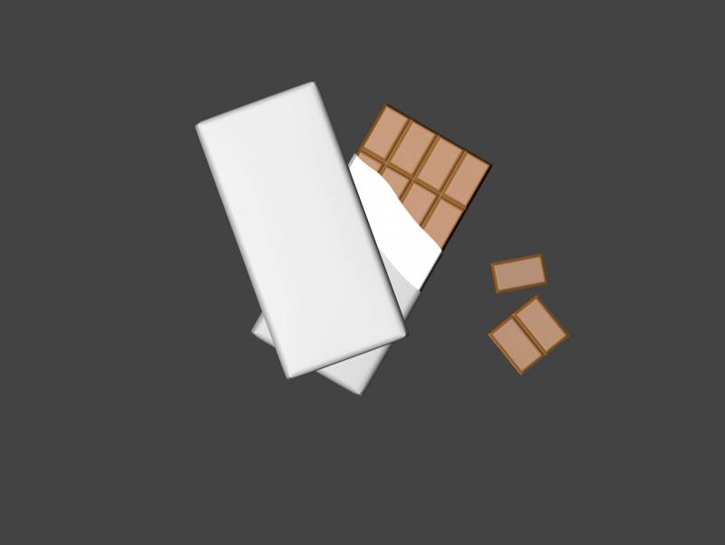Chocolate Bar 100g wrapped in Foil and Paper 100G, clay render 3D model preview of packaging and chocolate geometry