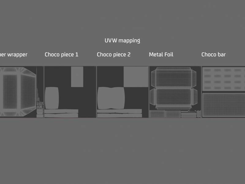 Chocolate Bar 100g wrapped in Foil and Paper 100G, UV map layout of 3D model including wrapper, foil and chocolate textures