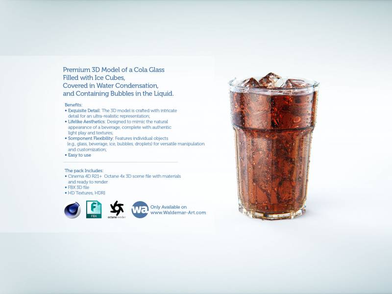 Premium 3D Model of a Cola Glass Filled with Ice Cubes, Covered in Water Condensation, and Containing Bubbles in the Liquid