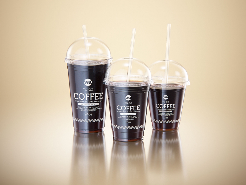 Cold Coffee To-Go - Plastic Cups with DOME lids 3D model pack (24oz, 16oz, 12oz)