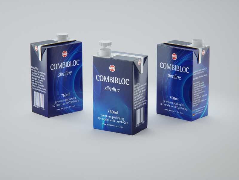 Packaging 3D model of the SIG Combibloc Slimline 750ml with tethered cap CombiCap