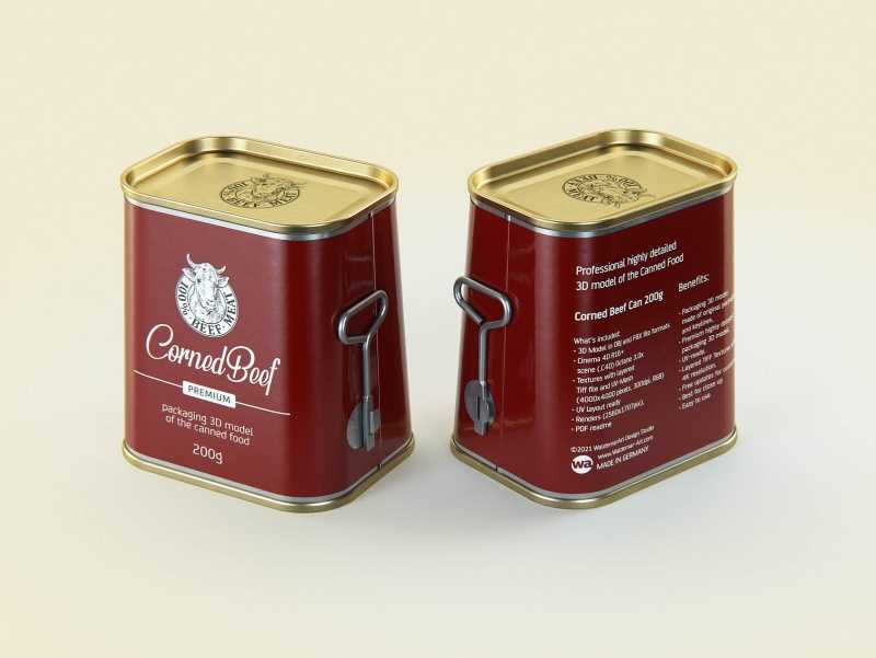 Corned Beef metal cans 200g (2 set) with the key packaging 3d model