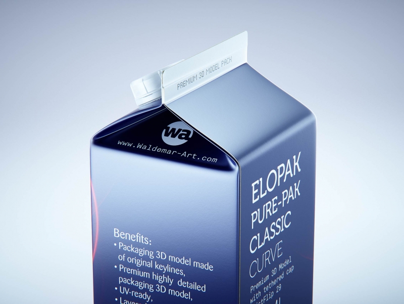 Premium carton packaging 3D model of Elopak Pure-Pak Classic Curve 500ml with tethered cap TwistFlip 29