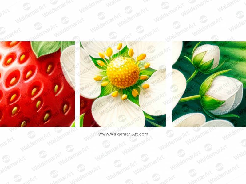 Premium illustration featuring a whole strawberry, a sliced strawberry, a leaf, and two strawberry flowers