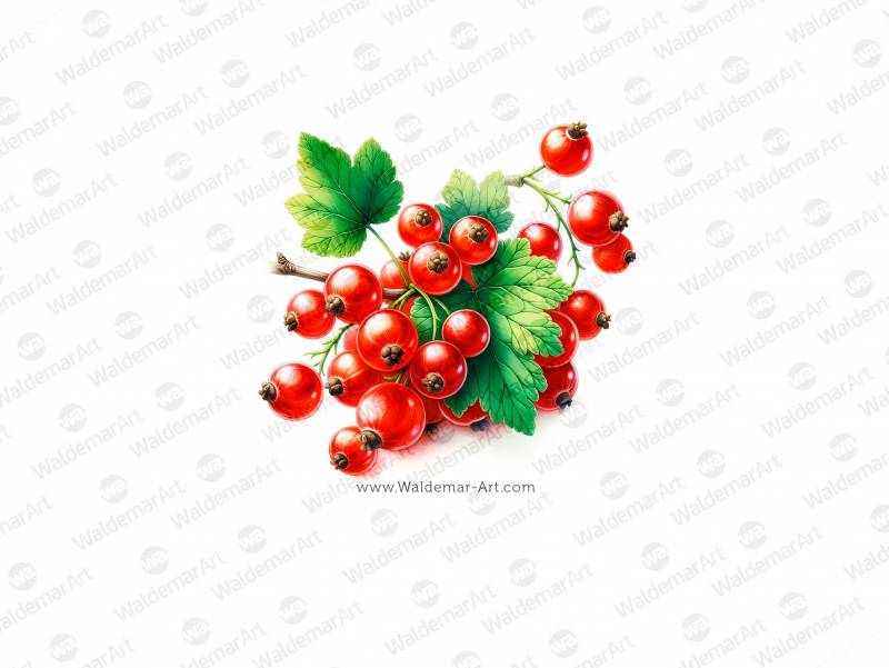 The watercolor illustration of red currant, highlighting the vibrant berries and green leaves