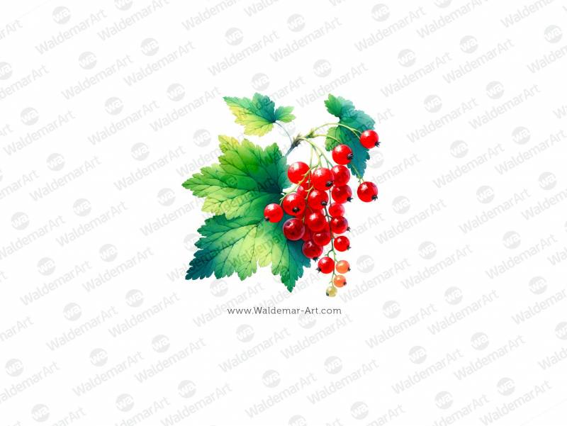 Watercolor Illustration features red currants in a minimalist style with a medium-sized leaf