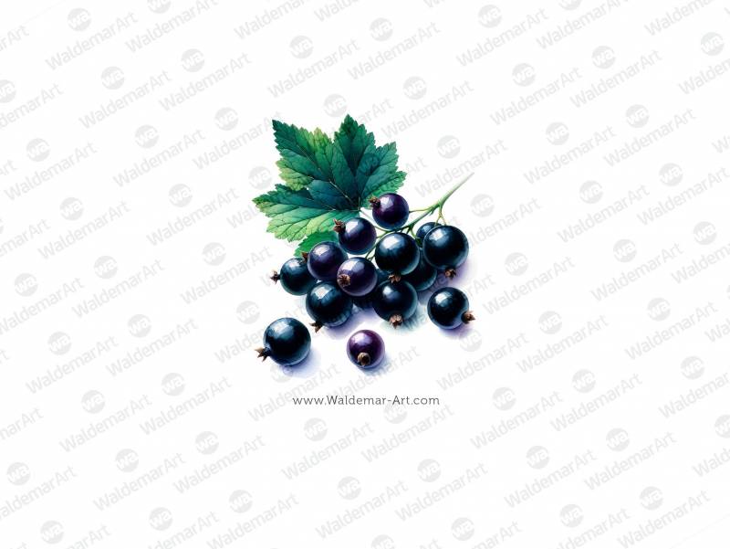 Watercolor Illustration of Black currant twig with a medium-sized green leaf