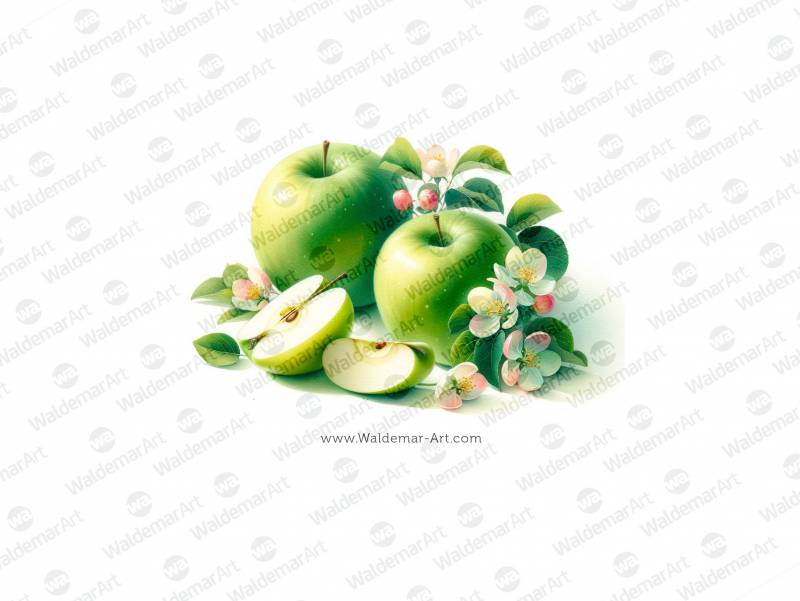 Premium Digital Watercolor Illustrations with two green apples, a slice of a green apple, and some apple blossoms