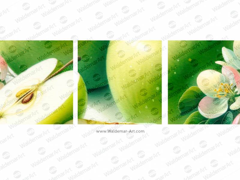 Premium Digital Watercolor Illustrations with two green apples, a slice of a green apple, and some apple blossoms
