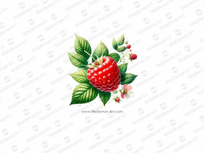 Premium Digital Illustration of a raspberry with leaves and flowers in the watercolor style